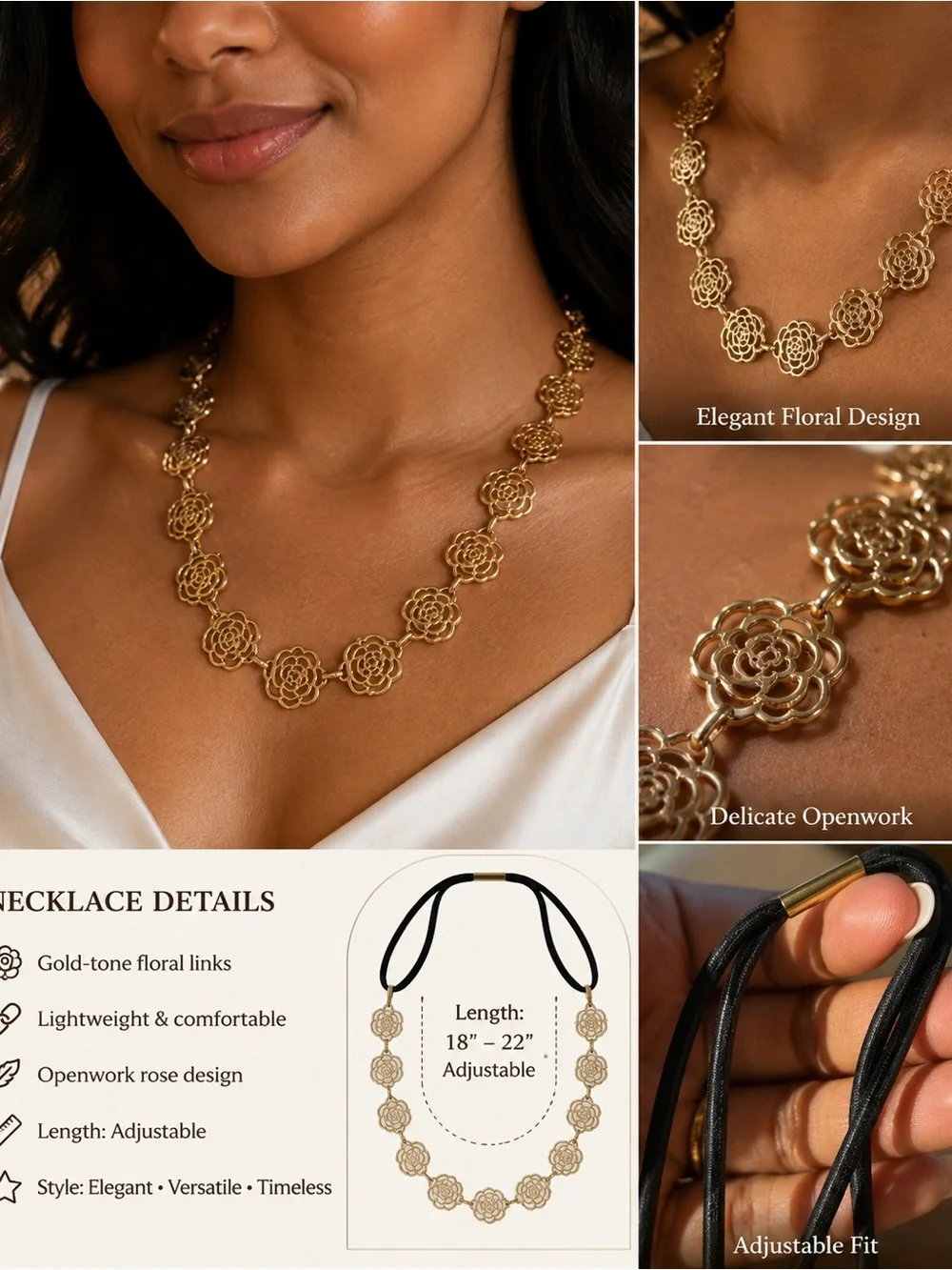 Gold Floral Openwork Necklace - Elegant Women’s Statement Jewelry